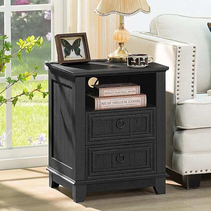18" Night Stands Set of 2 with Charging Station, Farmhouse 2 Drawers End Table - Image 6