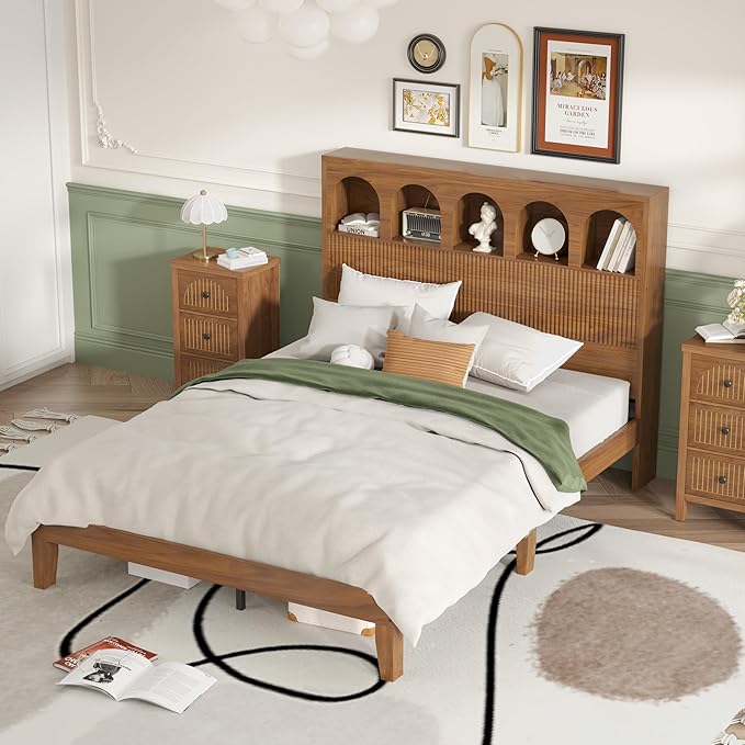 Queen Bed Frame with Storage Headboard 5 Arched Storage Compartments, 12.4 Inch - Image 7