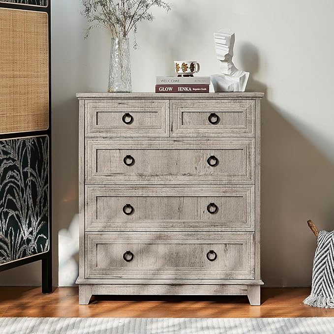 Farmhouse 5 Drawer Dresser for Bedroom, 33.2" Tall Small Dressers & Chest of - Image 6