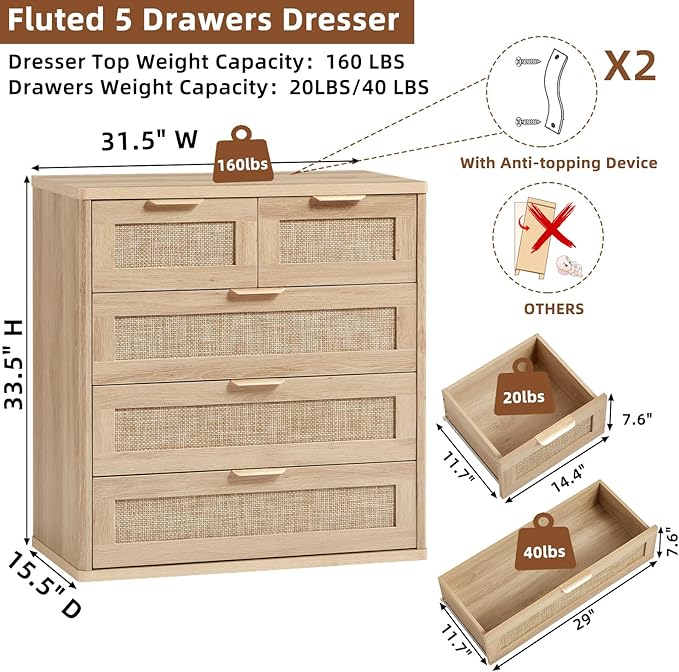 LEYAOYAO Rattan Dresser for Bedroom Set of 2, 33.5" Tall Chest of Drawers - Image 3