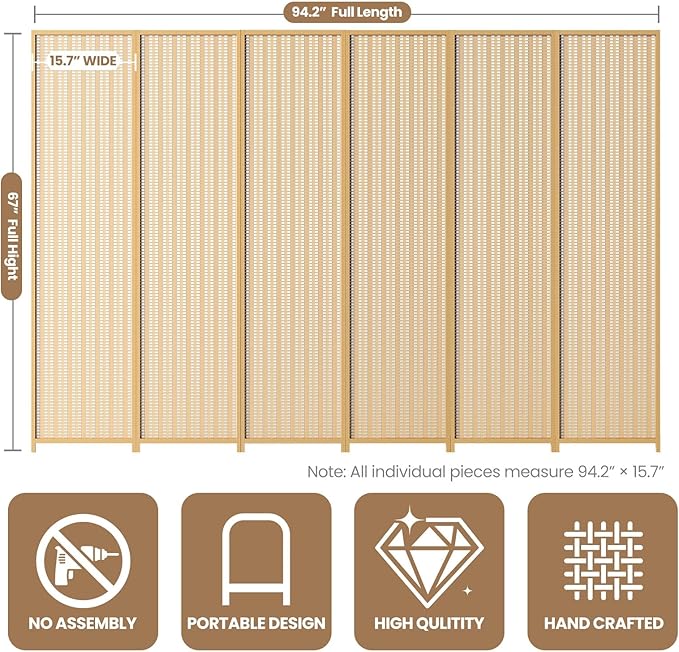 6 Panel Room Divider and Folding Screen, Bamboo Room Divider - Image 2