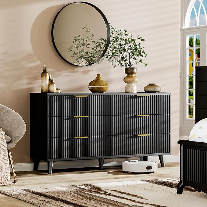 Lulive Black Dresser for Bedroom Wood Dressers Chest of Drawers, Fluted 54" by Lulive