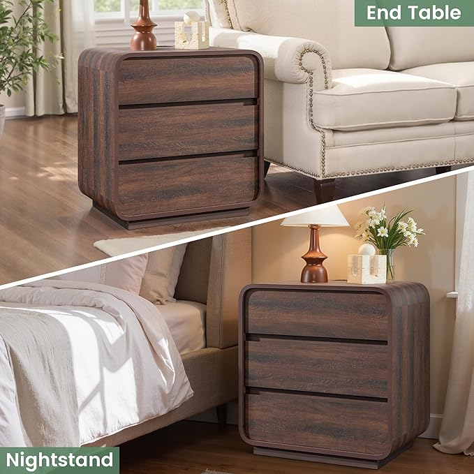 Walnut 3 Drawers Nightstand, Large Side Table Curved Profile, Handleless - Image 4