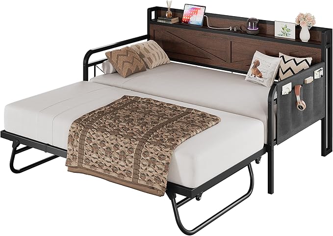 LIKIMIO Twin Daybed with Trundle Bed, Storage Headboard with Charging Station by LIKIMIO