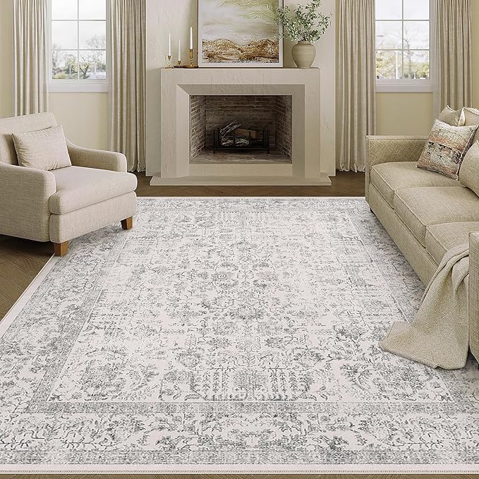 Gray Area Rug 6x9 Machine Washable Vintage Living Room Distressed Non Slip by PureCozy