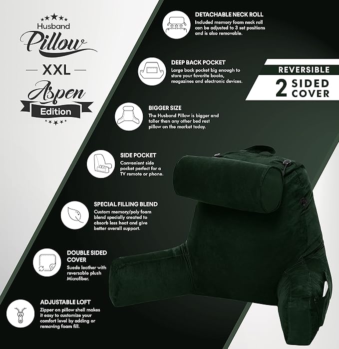 Husband Pillow XXL Aspen Edition, Adult Reading Sit Up Bed Rest Pillow - Image 4