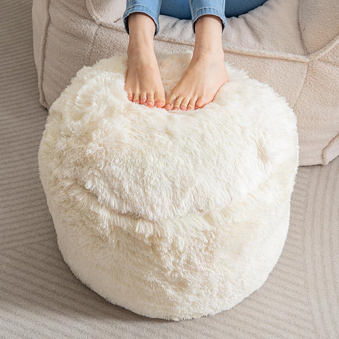 HIGOGOGO Round Stuffed Pouf Ottoman, Long Faux Fur Poufs by HIGOGOGO