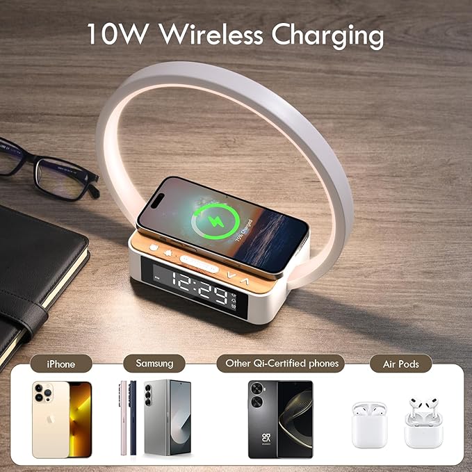 WILIT Bedside Lamp with Alarm Clock, Touch Lamp with Wireless Charger, - Image 5