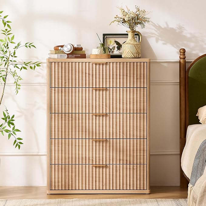 LEYAOYAO Fluted 5 Drawers Dresser Set of 2, Curved Profile Dresser TV Stand - Image 5
