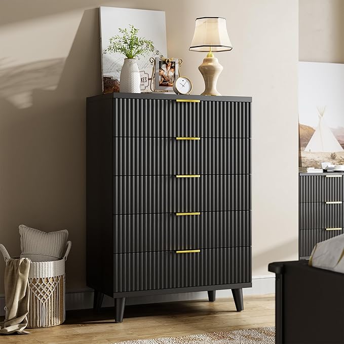 Lulive Black Dresser for Bedroom Wood Tall Dressers Drawers, Fluted Modern - Image 5