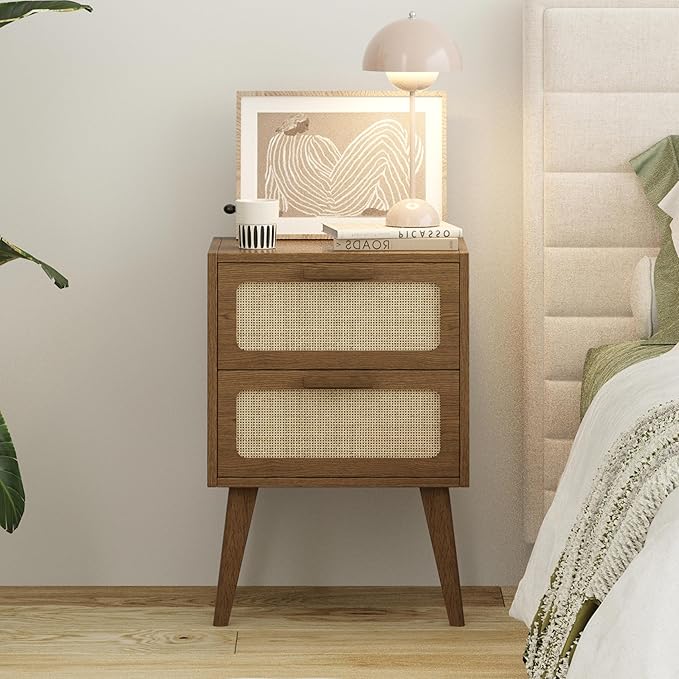 YAUKOMEL Rattan Nightstand Set of 2, Mid Century Modern Bedside - Image 7