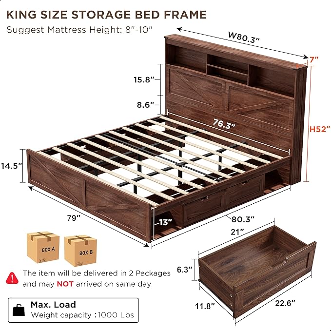 ACCOHOHO King Bed Frame with 52" Tall Headboard and 4 Drawers, LED Light - Image 2