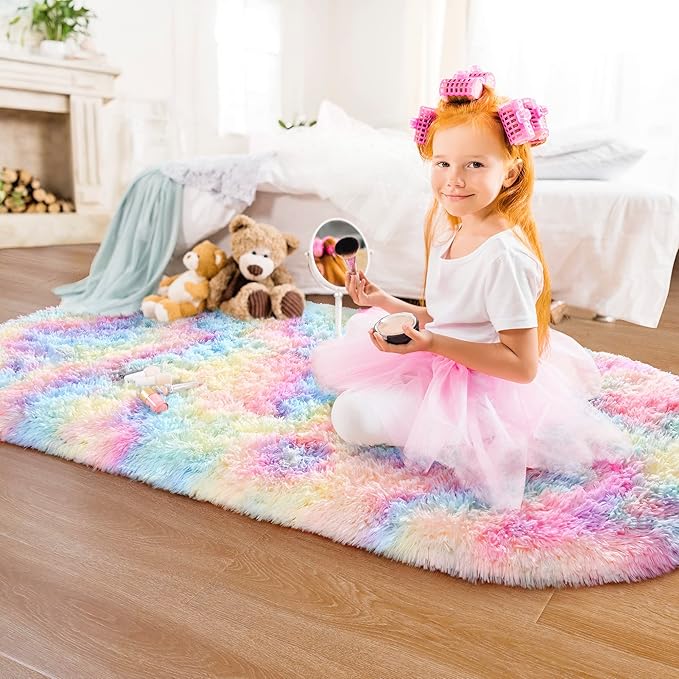 Noahas Oval Fluffy Rainbow Rug 2.6X5.3 Small Kids Rugs - Image 3
