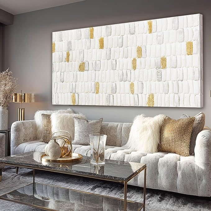 YETHEN WAL White and Gold Abstract Wall Art, Textured Geometric Canvas Painting by Unknown
