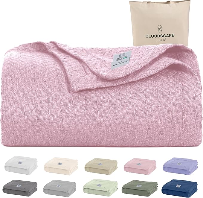 Cloud Scape Linen 100% Cotton Blanket 92x92 Seashell Pink by CloudScapeLinen
