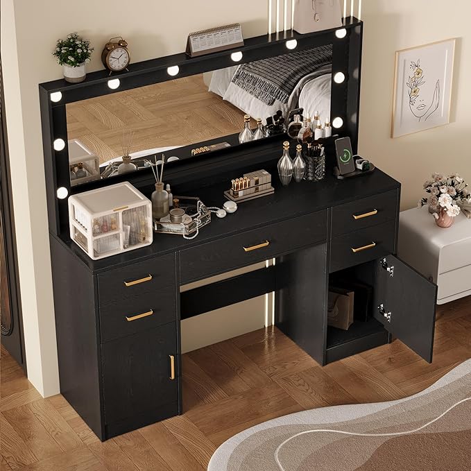 44.8" Large Vanity Desk with Lighted Mirror & Power Outlet, Dressing Table - Image 5