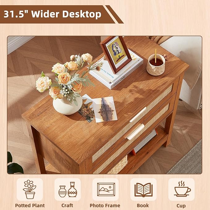 LEYAOYAO 31.5" Wide Rattan Night Stand, Oversized Large Boho Nightstand - Image 9
