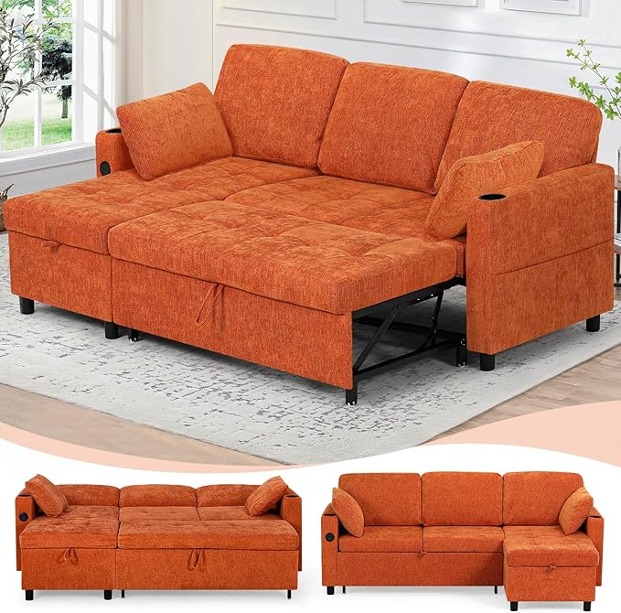 84" Chenille Pull Out Sofa Bed w/Adjustable Backrest, L-Shape Modern Sleeper by LESOFAIR