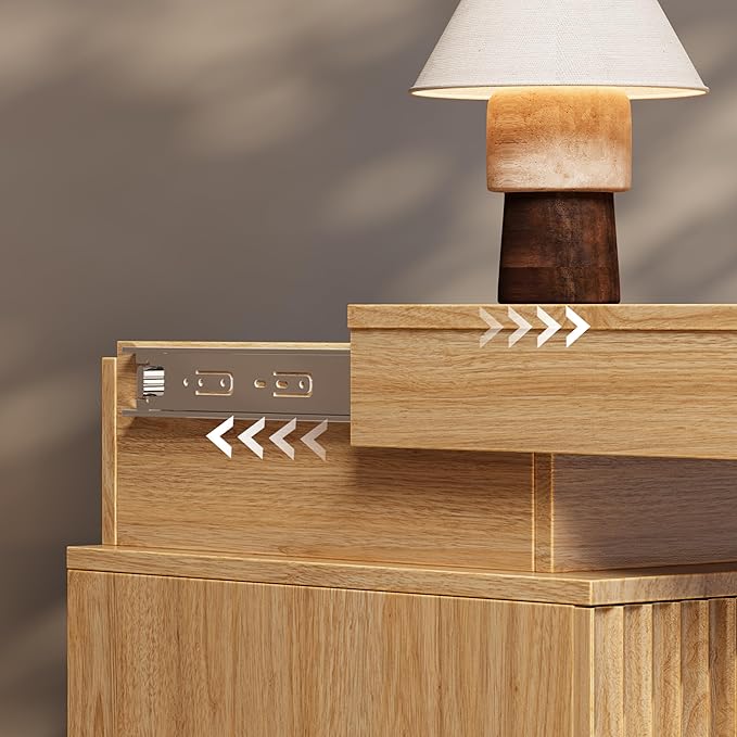 Wood Nightstand with 3 Drawers and LED Light, Mid Century Modern Fluted Night - Image 6