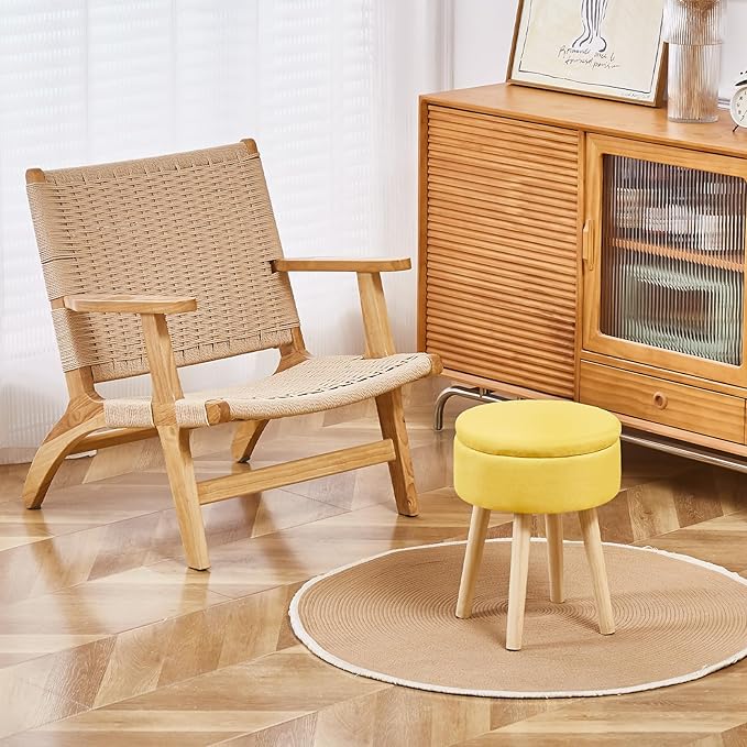 Mxfurhawa Storage Ottoman Foot Stool Linen Round Vanity Stool Tray Top Footstool - Image 4