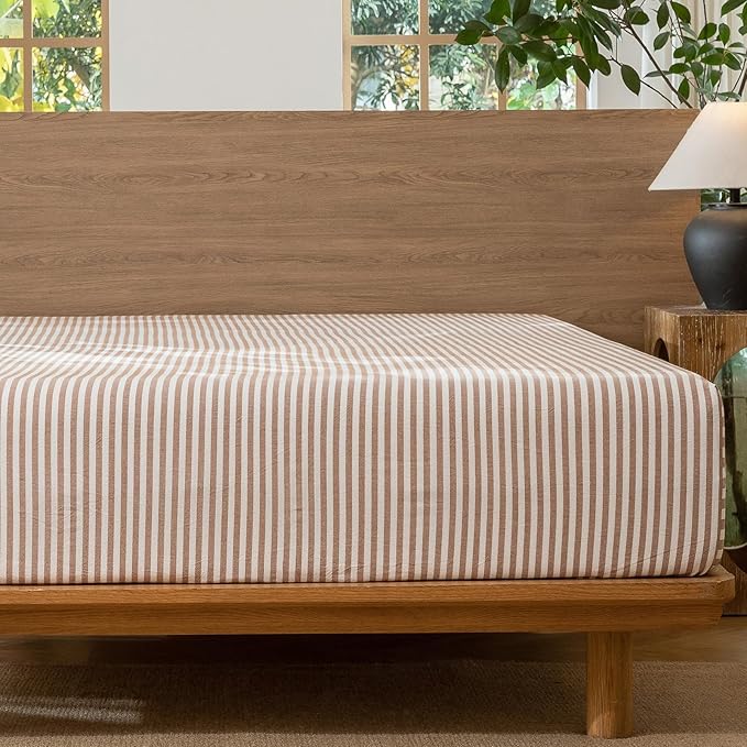 MooMee Striped Fitted Bottom Sheet Only 100% Washed Cotton Linen Like Textured by MOOMEE