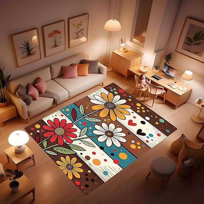 Machine Washable 5' x 7' Bohemian-Style Area Rug, Flowers Floor mat, Suitable - Image 3