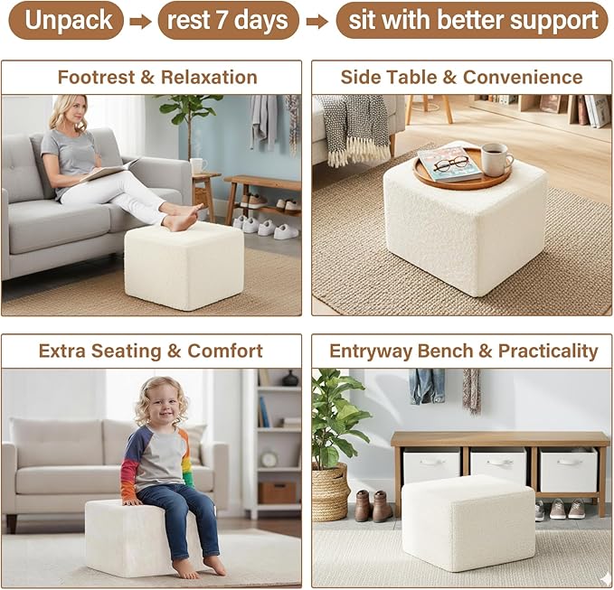 Tiita Square Stuffed Pouf Ottoman, Plush Poufs - Image 4