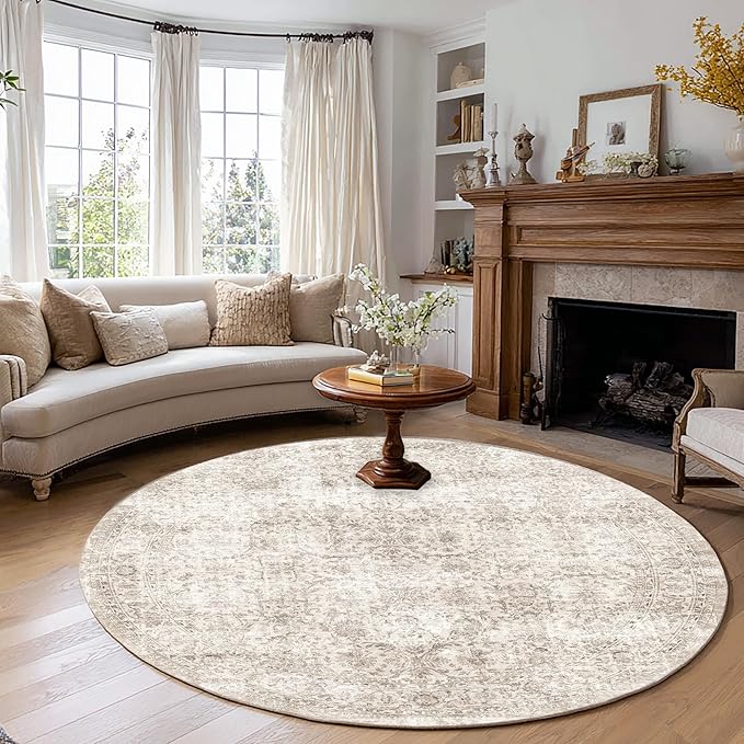 FMFUNCTEX 8ft Round Washable Area Rug Beige Vintage Neutral Distressed Large by Fmfunctex