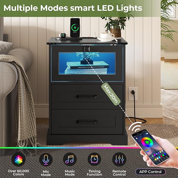 Hasuit Night Stand with Charging Station and LED Lights, Farmhouse Nightstand - Image 3