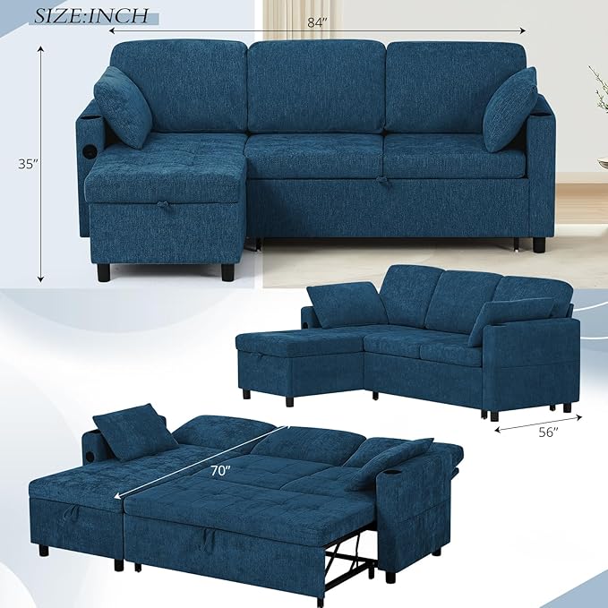 84" Chenille Pull Out Sofa Bed w/Adjustable Backrest, L-Shape Modern Sleeper - Image 3