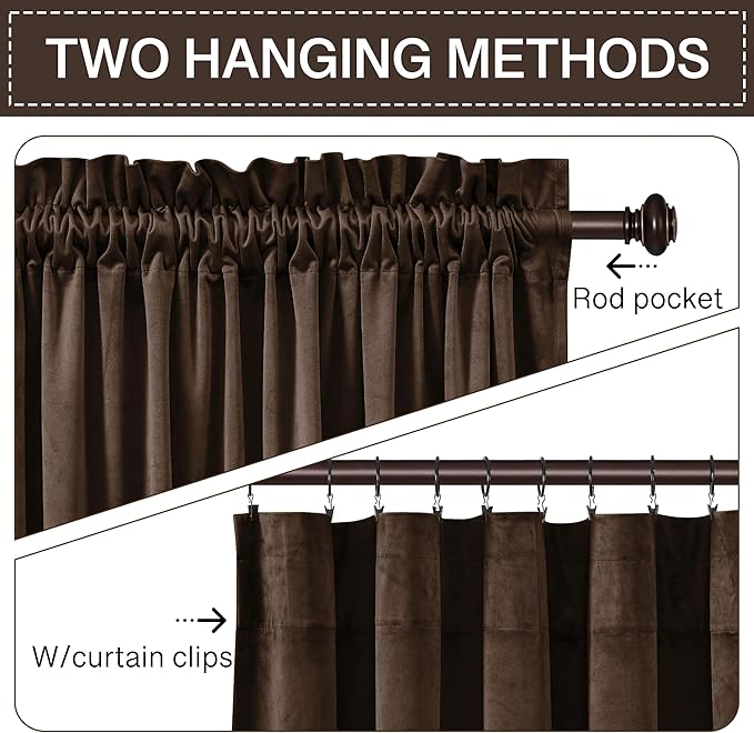 StangH 90 inch Length Brown Curtains Light Blocking Velvet Window Drapes - Image 3