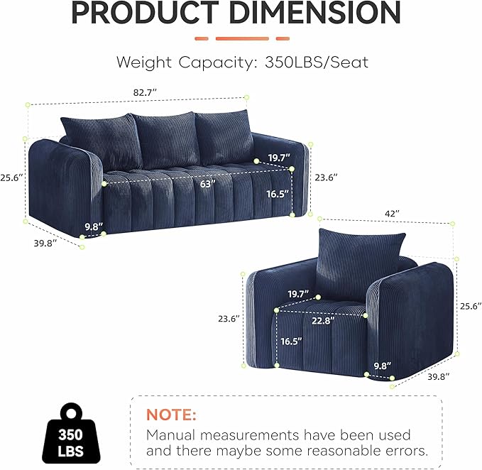 Corduroy Boneless Living Room Sets, Modern Upholstered 3 Seater Sofa - Image 2
