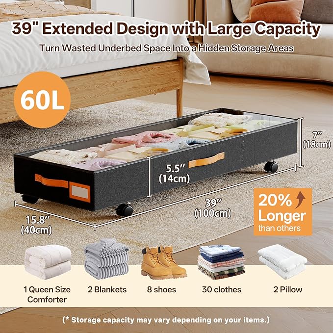 Under Bed Storage with Wheels 39inch, Extra Long Underbed Storage Containers - Image 2