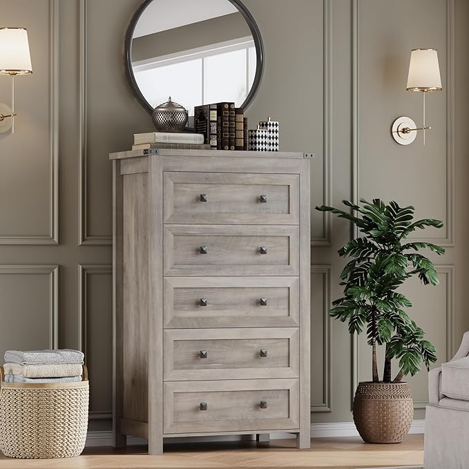 BORNOON Tall 5-Drawer Dresser, Modern Wooden Storage Chest of Drawers, Dresser - Image 6