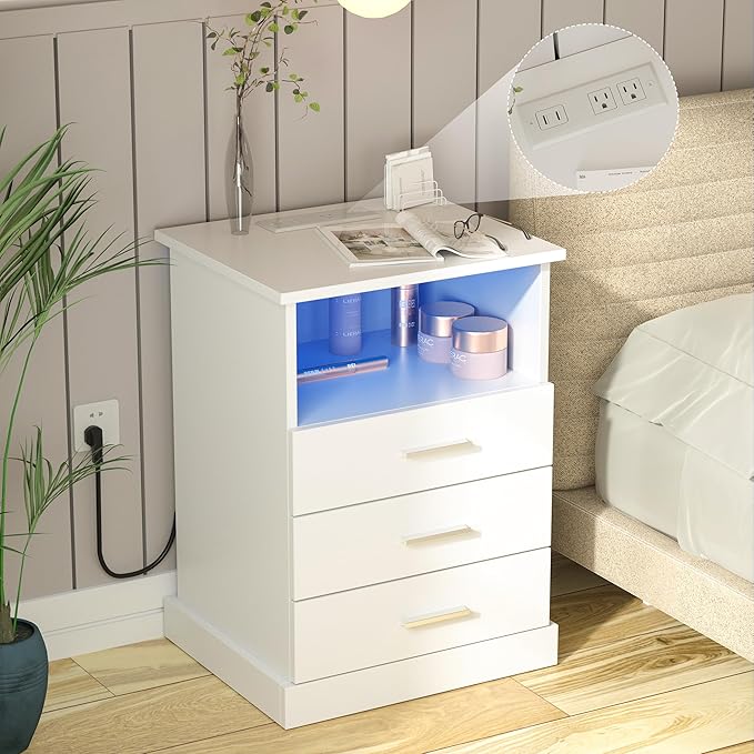 Halitaa Nightstand with Charging Station, LED Lights Side Table with 3 Drawers by Halitaa