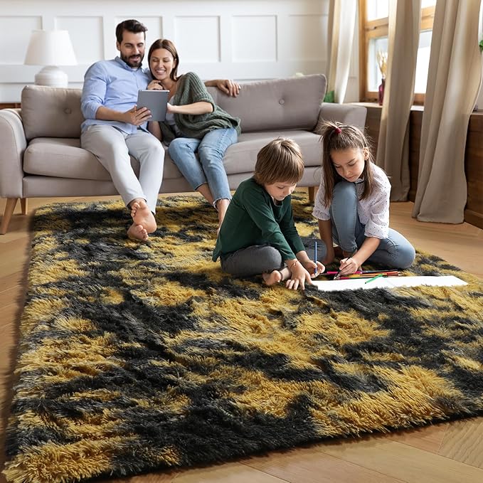 PAGISOFE Black and Yellow Fluffy Shag Area Rugs - Image 3