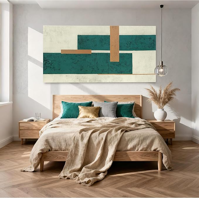 YETHEN WAL Teal Green Abstract Canvas Wall Art Geometric Textured Wall Decor - Image 3