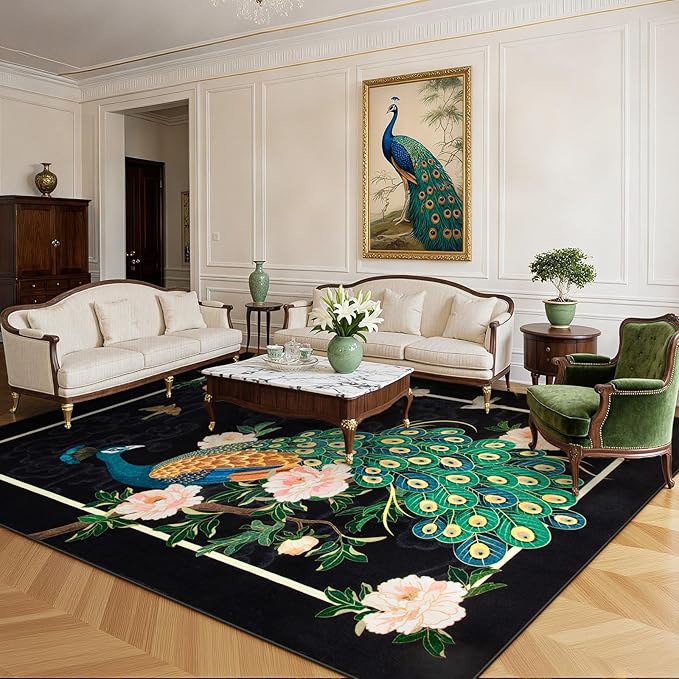Lahome Peacock Area Rugs 8x10, Floral Non Slip Vintage Ultra-Thin Stain - Image 2