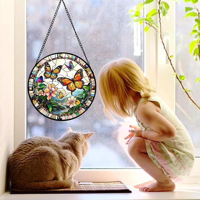 DASTOLL Stained Glass Window Hanging, Butterflies Flying in The Sky Suncatcher - Image 3