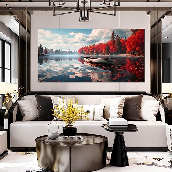 Large Wall Art for Living Room Bedroom Office Red Forest Wall Art Lake - Image 4
