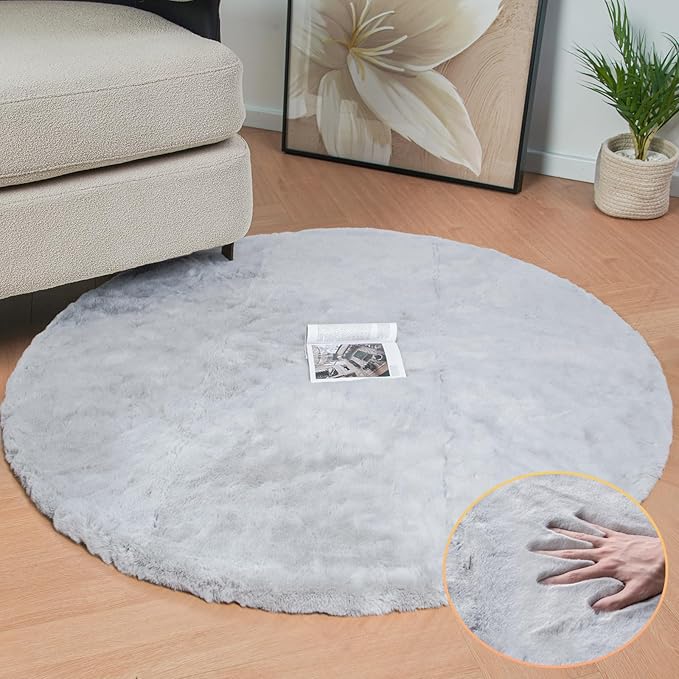 Grey Round Rug 3ft Machine Washable Shaggy Area Rugs - Image 3