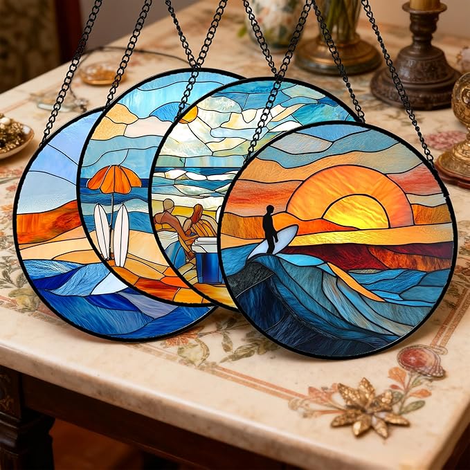 AMDERVEN Stained Glass Window Hanging 4 Pcs Set Blue Ocean Surfing Beach 9.8" - Image 2