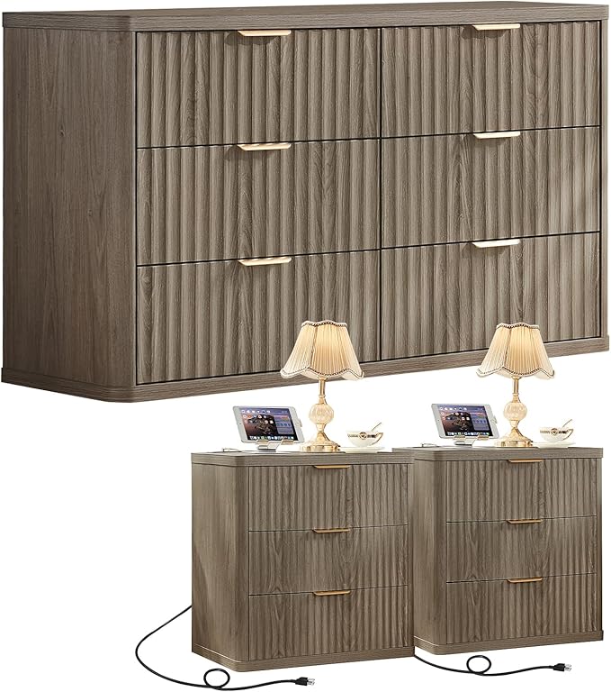 LEYAOYAO 48" Wide Fluted Dresser and 3 Drawers 23" Nightstand Set of 2 by LEYAOYAO-Findtheshiningpointofyourideallife%EF%BC%81