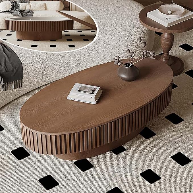 Oval Coffee Table with Storage, Modern Walnut Coffee Table with Solid Wood by FGXJY