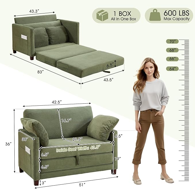 51" Loveseat Sleeper Sofa Bed, Corduroy Convertible Floor Sofa Bed - Image 2