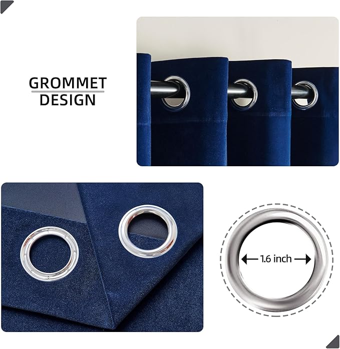 Joydeco Royal Blue Velvet Curtains 72 Inches Long, Luxury Grommet Blackout - Image 2