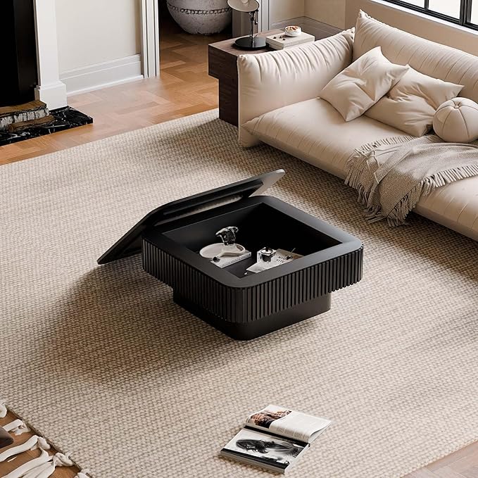 Square Small Coffee Table with Storage, Modern Wooden Coffee Table with Solid - Image 2