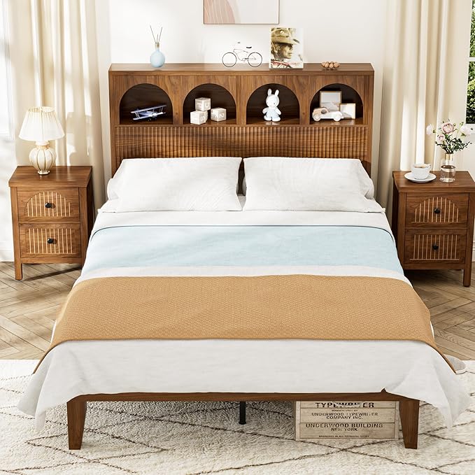 Full Bed Frame with Wave Headboard, Storage Headboard with 4 Arched Storage - Image 9