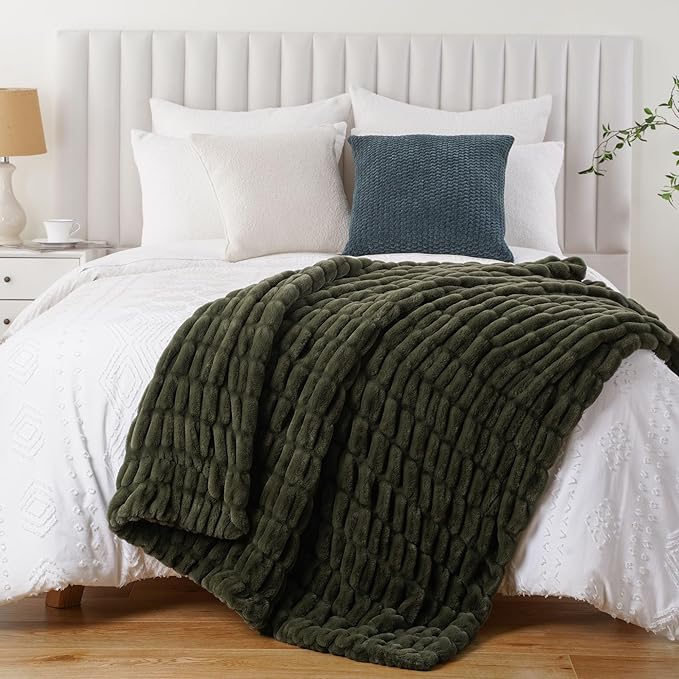 BATTILO HOME Olive Green Faux Fur Throw Blanket - Image 9