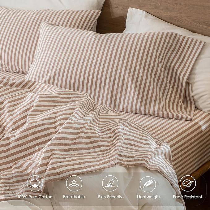 MooMee Striped Fitted Bottom Sheet Only 100% Washed Cotton Linen Like Textured - Image 4
